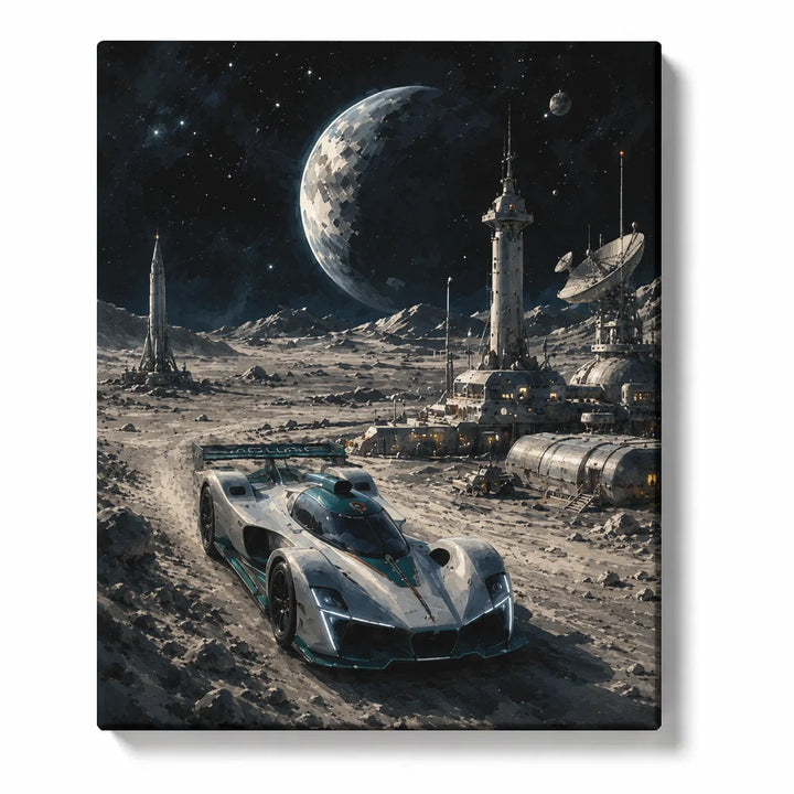 Jaguar Paint by Numbers For Adults featuring futuristic silver race car driving across lunar landscape with moon base, satellite dishes and giant planet