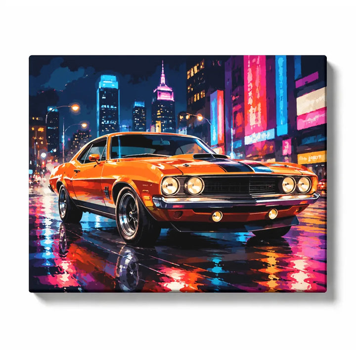 Paint by Numbers Cars For Adults featuring orange classic muscle car with black racing stripes on rainy neon city street with colorful skyscrapers and reflections