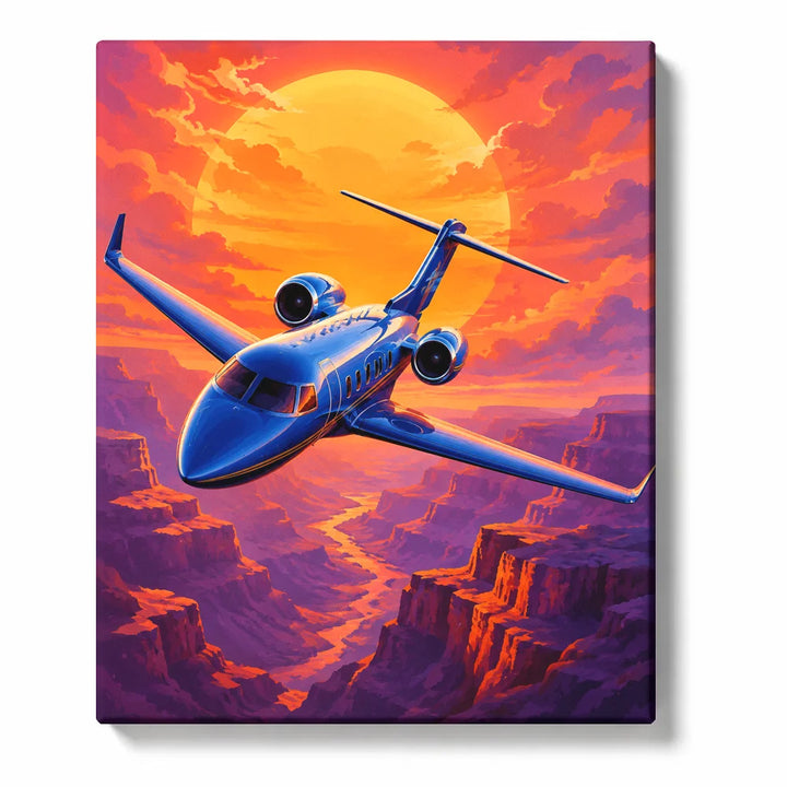 Aircraft Paint by Numbers For Adults featuring blue jet flying above dramatic desert canyon with giant golden sunset, orange clouds and winding river