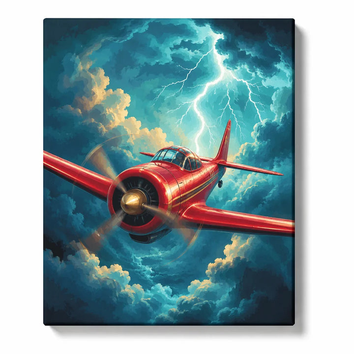 Aircraft Paint by Numbers For Adults featuring red vintage propeller airplane flying through turquoise storm clouds beneath dramatic white lightning