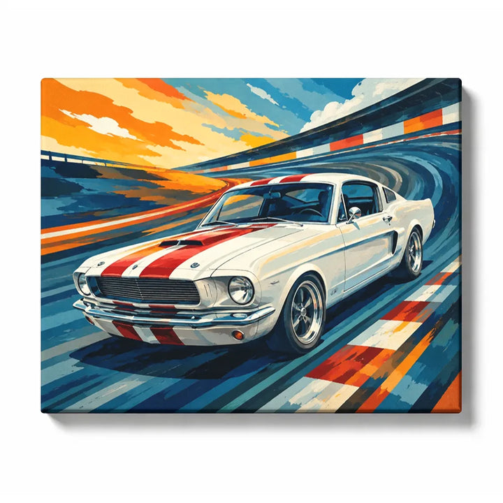 Mustang Paint by Numbers For Adults featuring white classic muscle car with red racing stripes speeding around blue racetrack beneath orange sunset sky