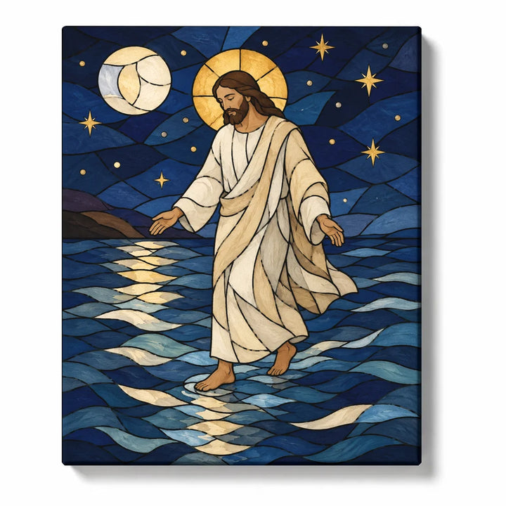 Jesus Paint by Numbers For Adults featuring stained glass Jesus walking on moonlit blue water with golden halo, crescent moon and stars