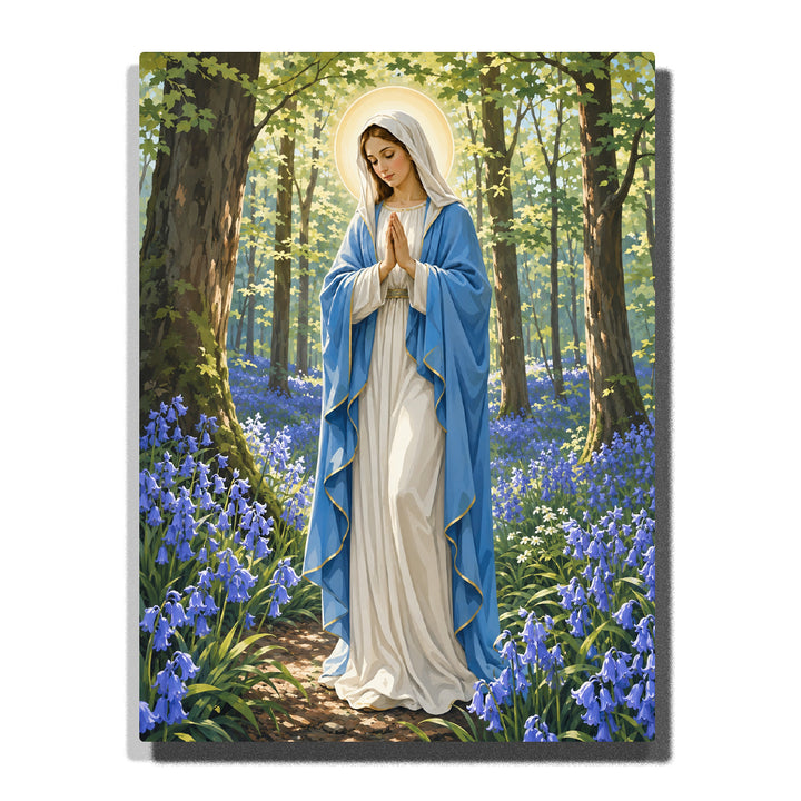 Virgin Mary praying in forest garden with blue robe, golden halo, purple wildflowers, tall trees and peaceful woodland scenery Paint by Numbers by PaintEasy