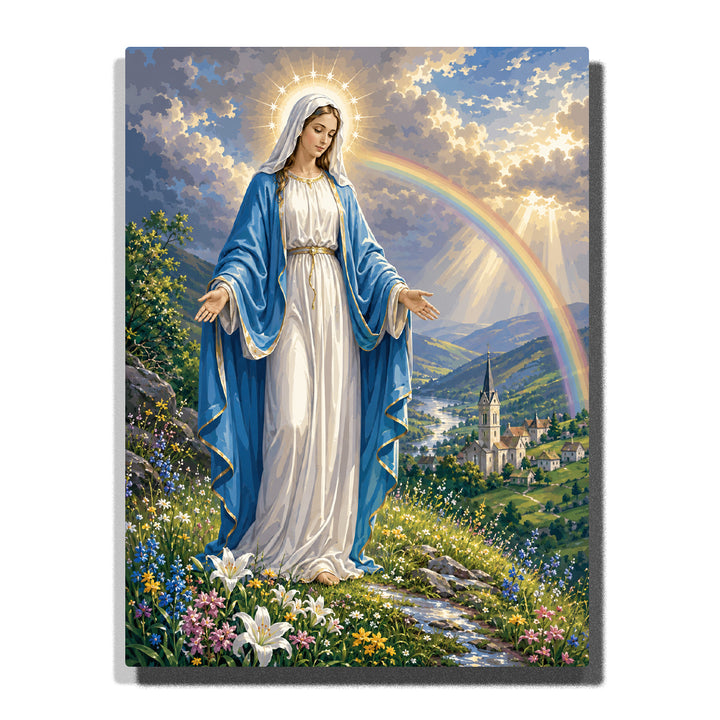 Paint by numbers Virgin Mary standing in a colorful mountain meadow with a radiant halo, surrounded by blooming lilies and wildflowers, a rainbow, sunlit clouds, and a peaceful church village.