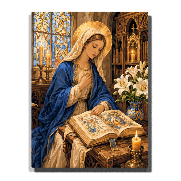 Paint by numbers Virgin Mary reading an illuminated holy book in a candlelit church, wearing a blue mantle and white veil with a golden halo, surrounded by stained glass, white lilies, and Gothic details.