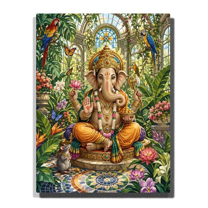 Lord Ganesha in tropical garden sanctuary with lotus flowers, exotic birds, butterflies, golden crown, stained glass and lush green plants Paint by Numbers by PaintEasy