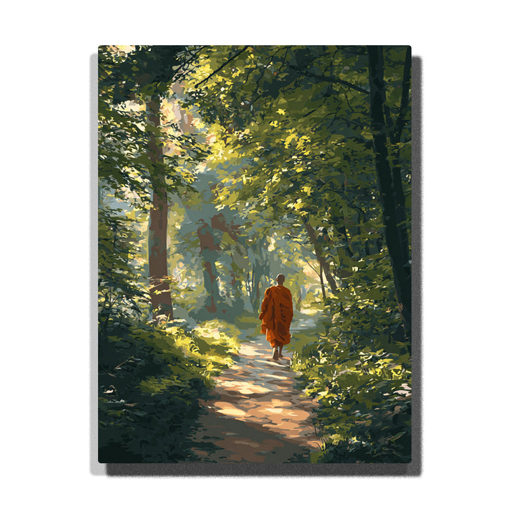 monk walking forest path paint by numbers zen buddhist sunlight trees pathway artwork