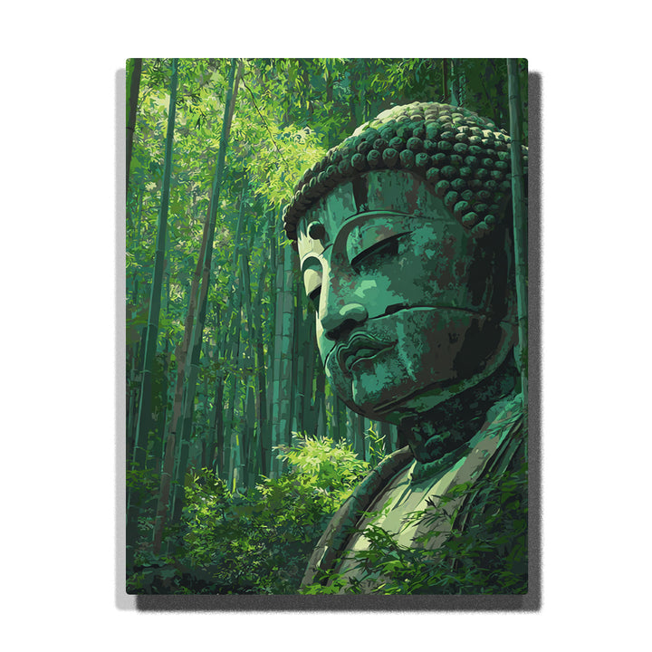 Giant Buddha head surrounded by bamboo forest with soft green light and dense foliage in a tranquil setting