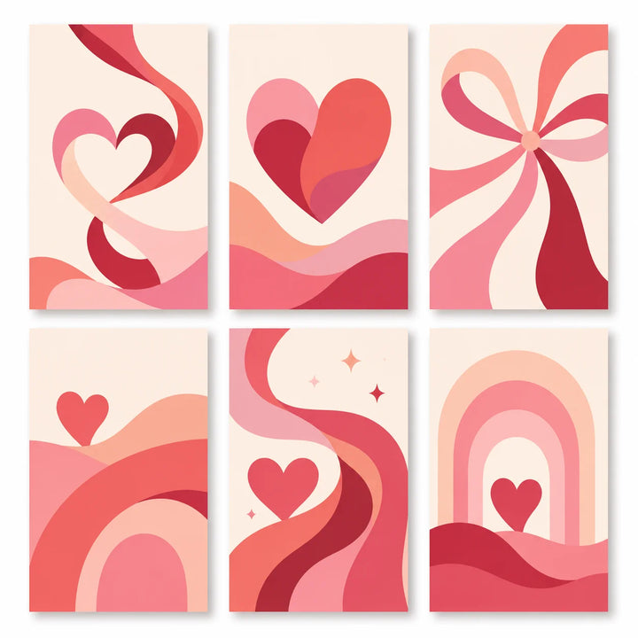 Pink Hearts Mini Paint by Numbers Set (6 in) For Beginners featuring six coordinated abstract designs with flowing ribbons, waves, arches and red pink heart shapes