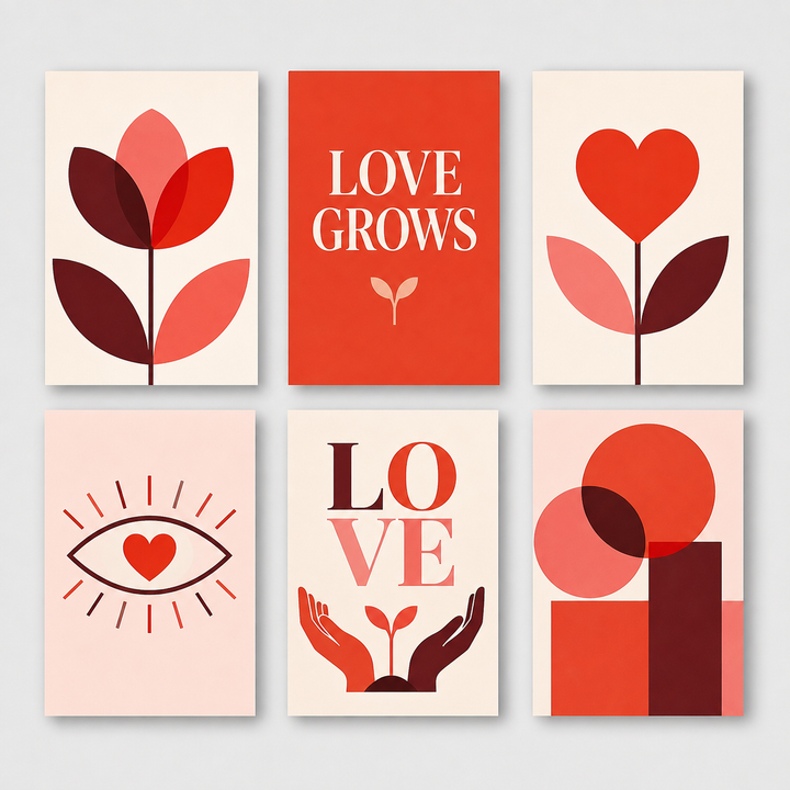 Six Love Grows mini canvases with red hearts, tulips and lettering