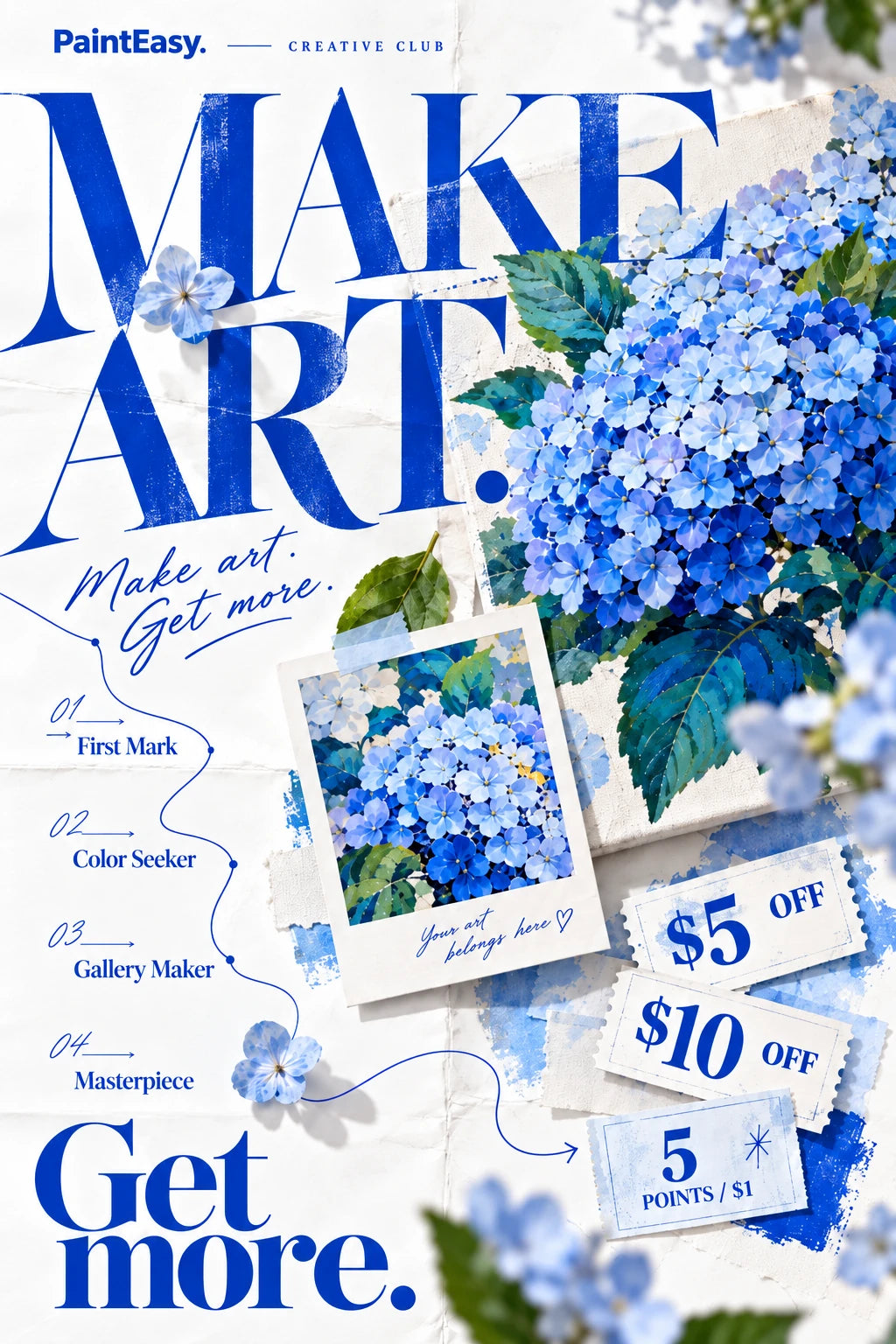 PaintEasy Creative Club. Make art. Get more. Four member levels and Color Points rewards appear around a blue hydrangea artwork.