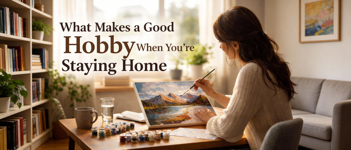 A peaceful at-home hobby scene with a woman painting by numbers in natural light