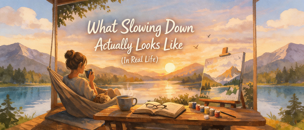 A calm, cozy illustration showing a person relaxing by a lake at sunset, holding a cup of coffee beside a paint-by-numbers canvas, capturing what slowing down looks like in everyday life.