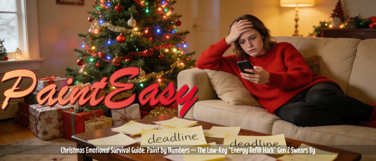 Gen Z Christmas burnout visual — holiday stress, gift pressure, deadlines, cozy living room scene