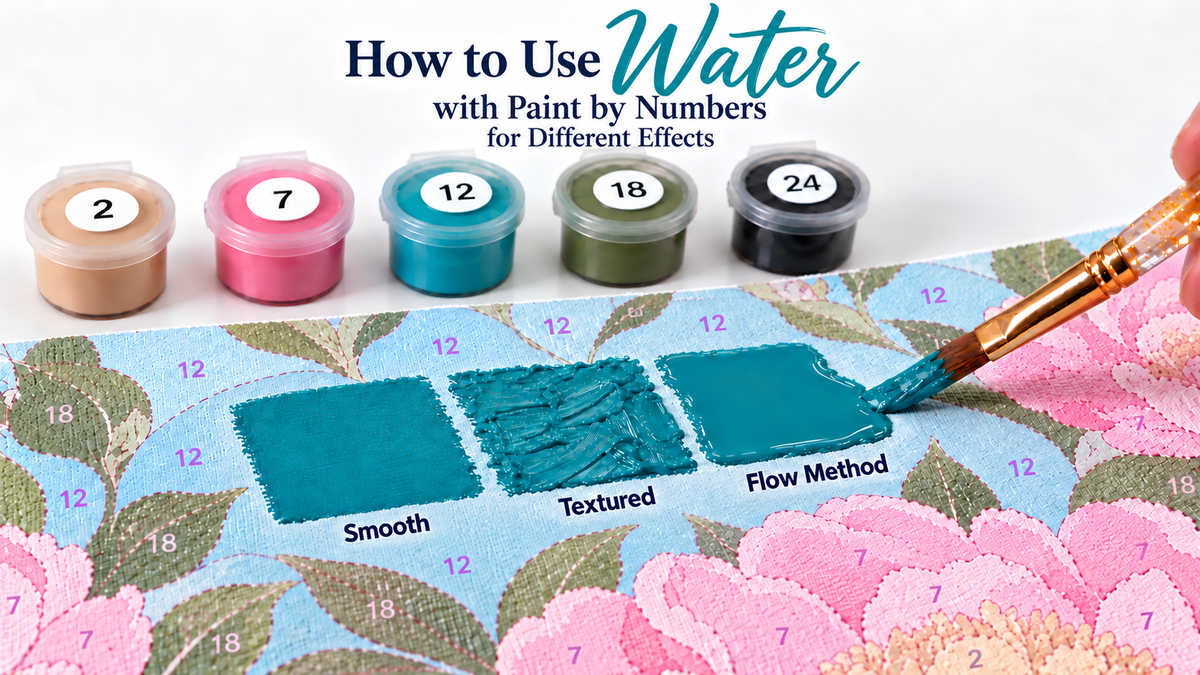 Three paint by numbers finishes showing smooth coverage, raised brush texture and a flow fill