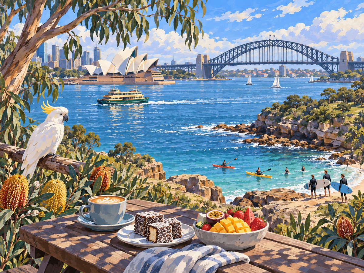 Australia paint by numbers scene with Sydney Opera House, Harbour Bridge, ferry, kookaburra and native flowers
