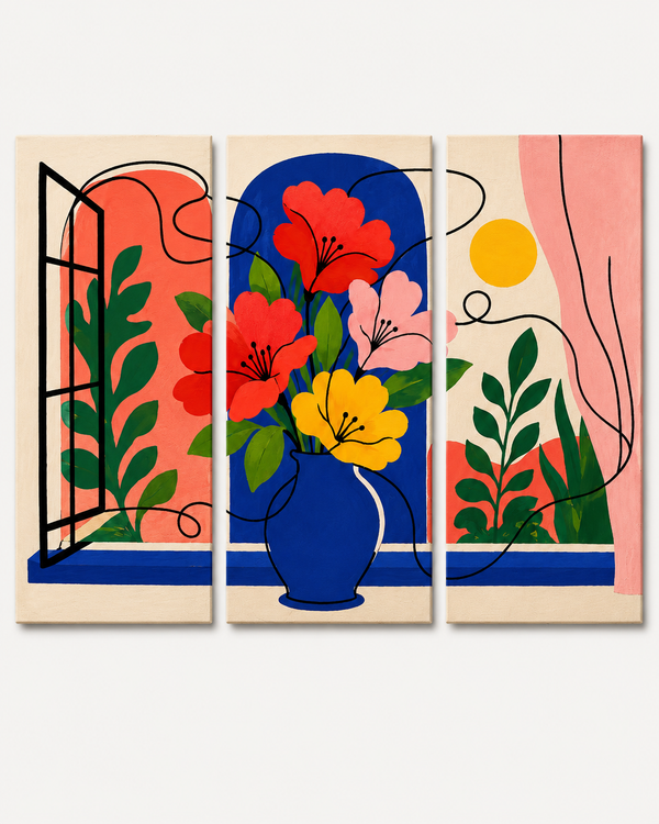 3 Panel floral triptych Paint by Numbers wall art with modern flower vase, colorful blooms, botanical leaves, open window frame, abstract lines and contemporary floral design