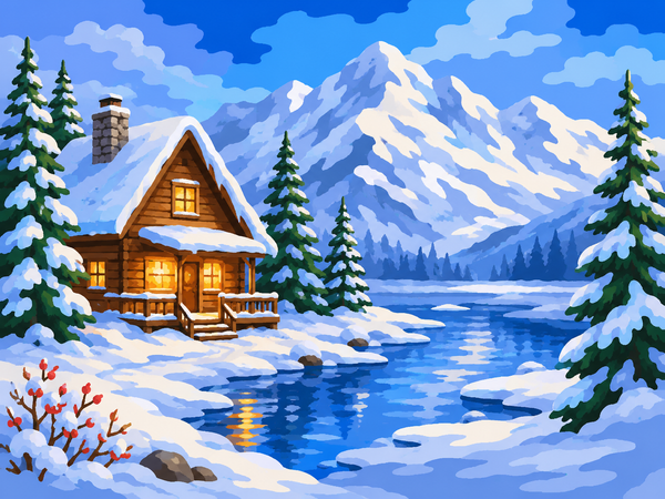 Partially completed snowy cabin paint by numbers canvas with blue pine forest, warm window light, numbered paint pots and brushes.