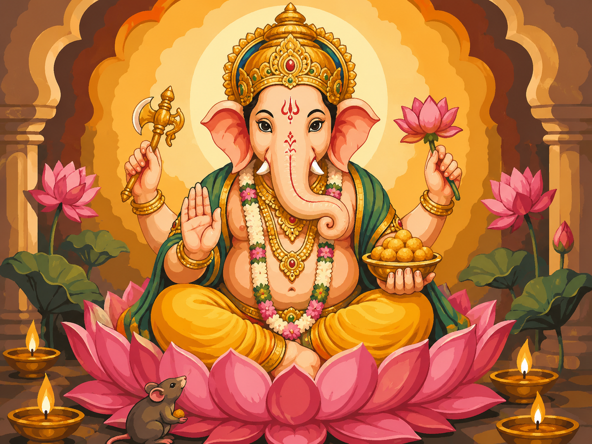 Ganesh Paint By Numbers collection cover featuring Ganesh Sitting Under Royal Canopy with Lotus Flowers and Sacred Offerings