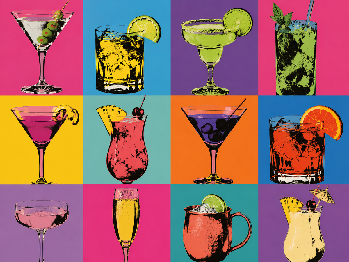 Cocktail paint by numbers artwork with colorful drinks, citrus garnish and elegant glassware