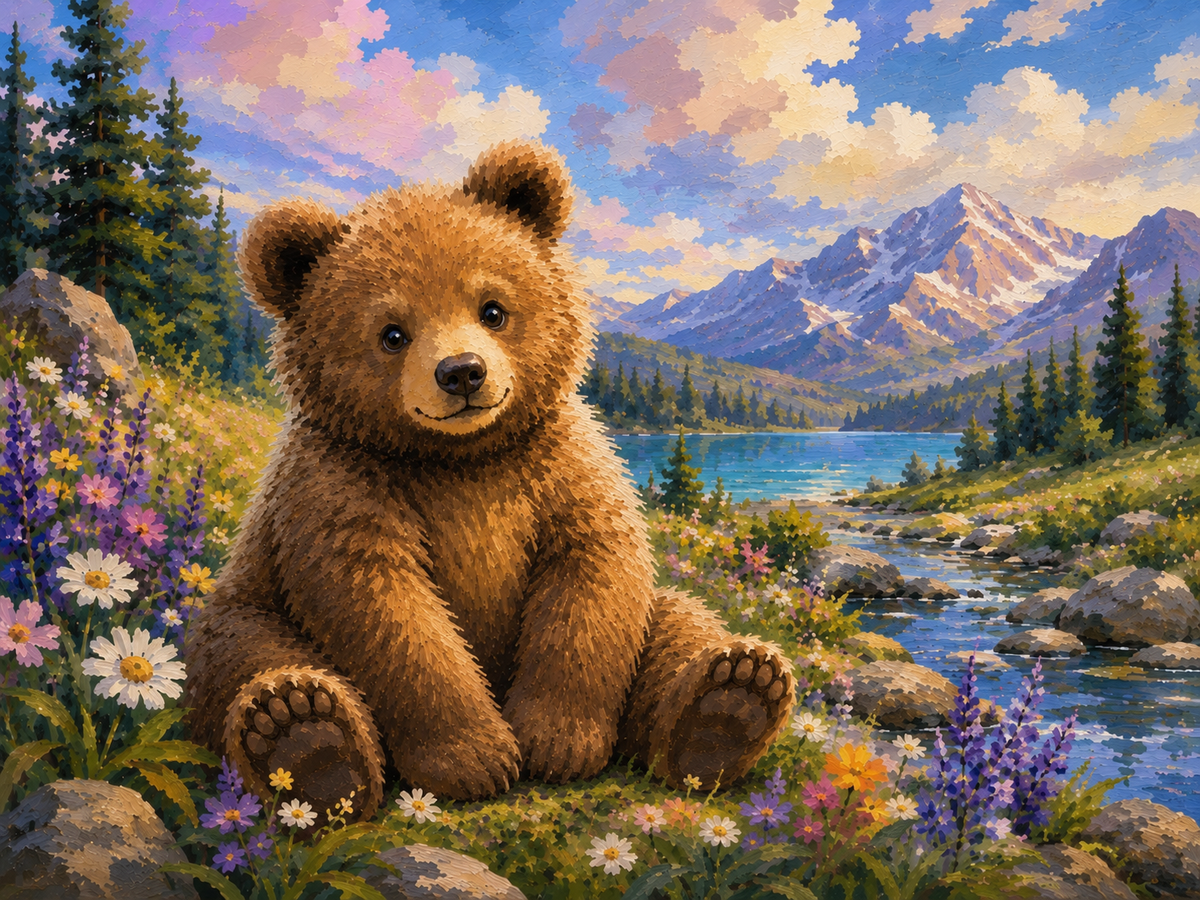 Paint By Numbers Bear collection cover featuring Bear Mother and Cub in Wildflower Meadow under Warm Light