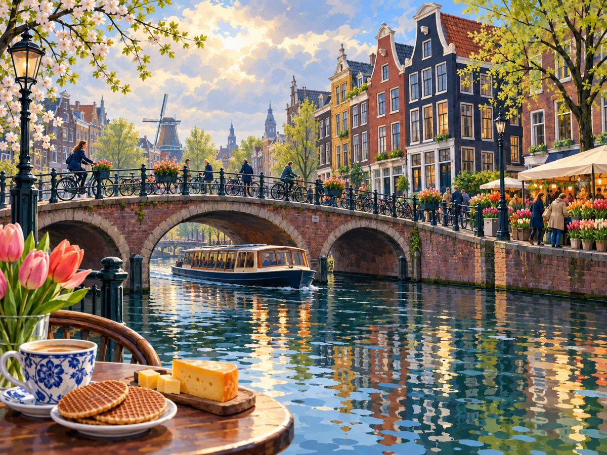 Amsterdam paint by numbers scene with canal houses, stone bridge, bicycle, boat and tulips beside reflective water