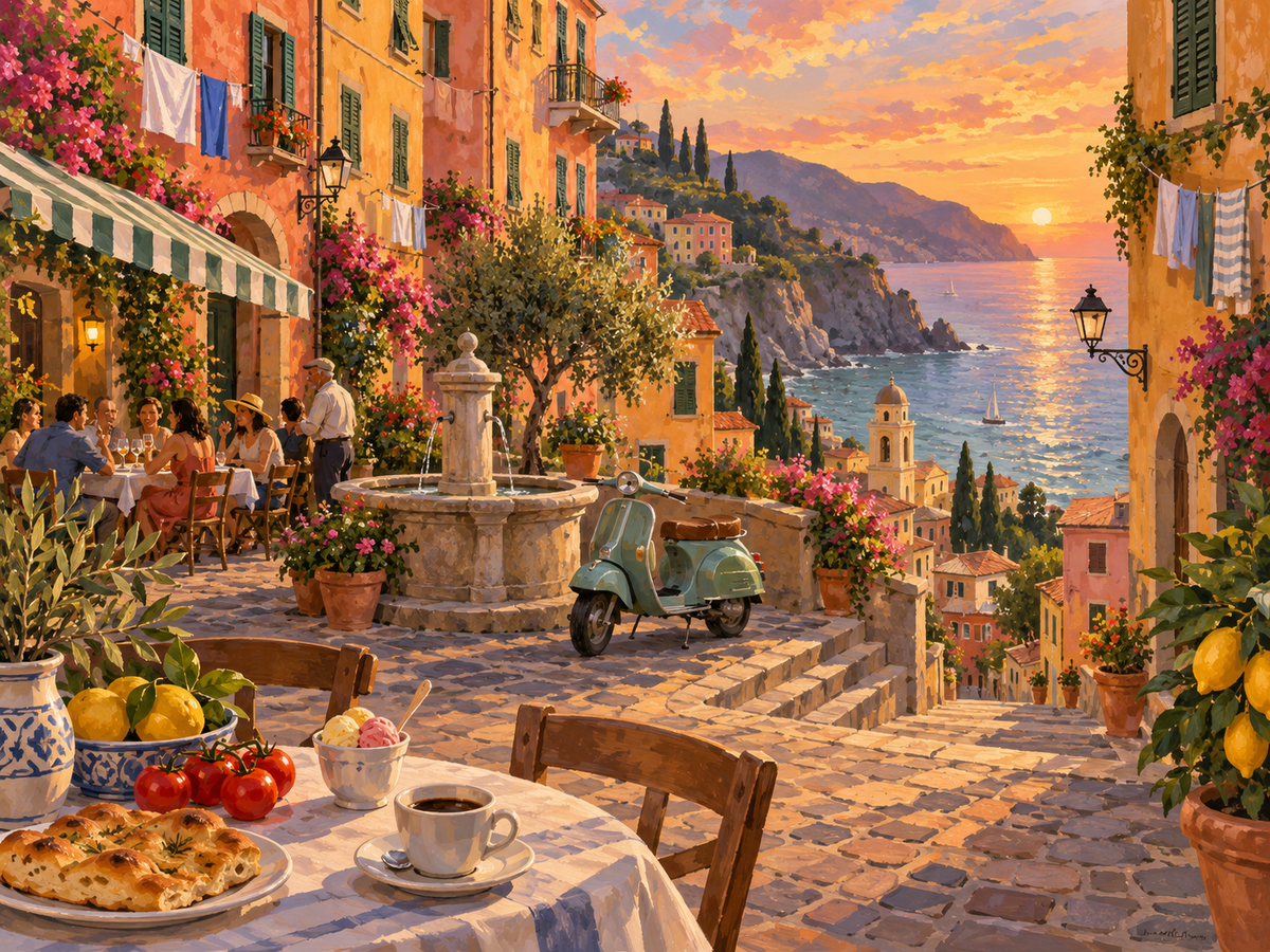 Italy paint by numbers scene with a Tuscan hillside town, stone terrace, cypress trees and blue mountains