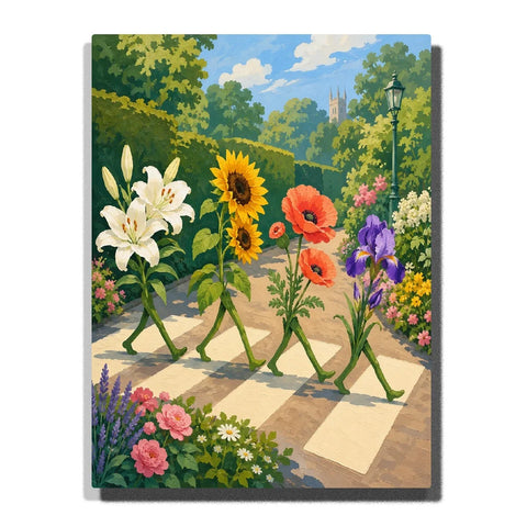 Walking Flowers Paint by Numbers For Adults featuring white lilies, yellow sunflowers, coral poppies and purple iris strolling on stem legs through a colorful garden