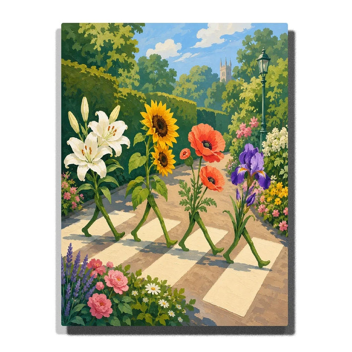 Walking Flowers Paint by Numbers For Adults featuring white lilies, yellow sunflowers, coral poppies and purple iris strolling on stem legs through a colorful garden