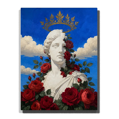White Classical Bust Paint by Numbers For Adults featuring deep red roses, green foliage, floating golden botanical crown, cobalt blue sky and white clouds