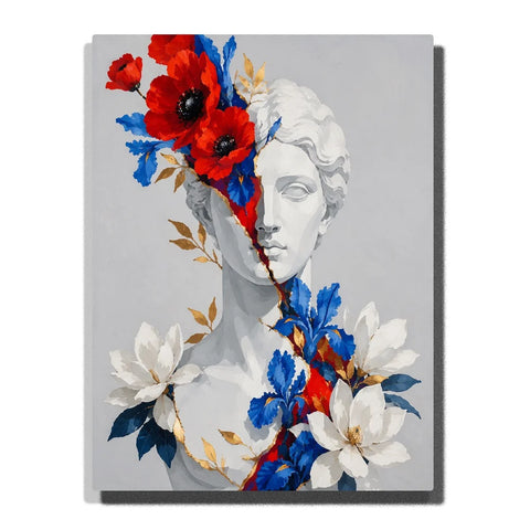 Cracked Classical Bust Paint by Numbers For Adults featuring white sculpture with golden fracture, red poppies, cobalt blue irises, white flowers and gold leaves