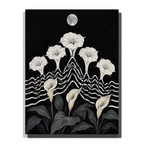 White Moonflowers Paint by Numbers For Adults featuring trumpet flowers, calla lilies, charcoal leaves, abstract black and white mountain waves and silver full moon