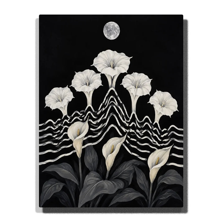 White Moonflowers Paint by Numbers For Adults featuring trumpet flowers, calla lilies, charcoal leaves, abstract black and white mountain waves and silver full moon