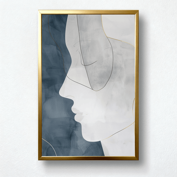 Whisper Form – Abstract Minimalist Line Face Art | Blue & Gold Zen Portrait