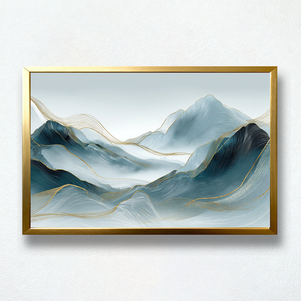 Ethereal Ridge – Abstract Mountain Flow Painting | Blue & Gold Line Harmony Art