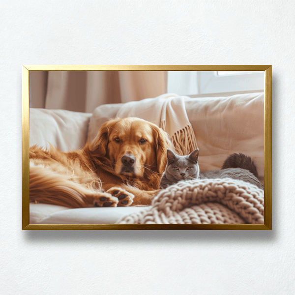 Cozy Companions Paint by Numbers  Golden Retriever & Gray Cat on Sofa