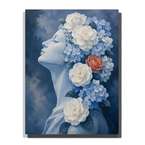 Blue Floral Woman Paint by Numbers For Adults featuring serene female profile surrounded by white peonies, blue hydrangeas, coral rose and dark blue foliage