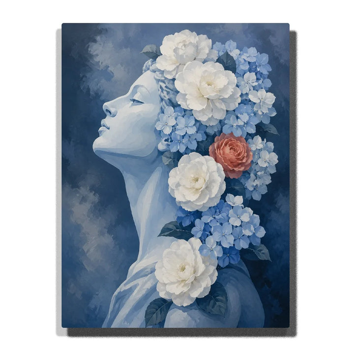 Blue Floral Woman Paint by Numbers For Adults featuring serene female profile surrounded by white peonies, blue hydrangeas, coral rose and dark blue foliage