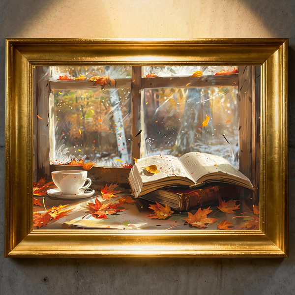 Autumn Whispers Paint by Numbers | Falling Leaves, Book & Window Scene