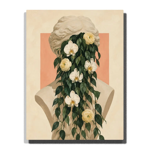 Classical Bust Floral Paint by Numbers For Adults featuring face covered by cascading green leaves, white orchids and ivory roses against peach beige background