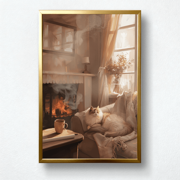 Golden Afternoon Paint by Numbers | Cozy Fireplace Cat & Sunlit Serenity Scene