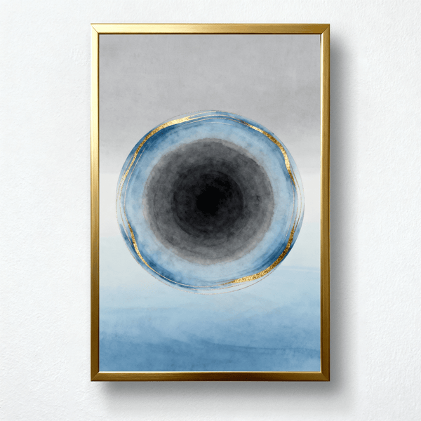 Eye of Stillness – Abstract Zen Circle of Awareness | Blue & Gold Minimal Ink Art