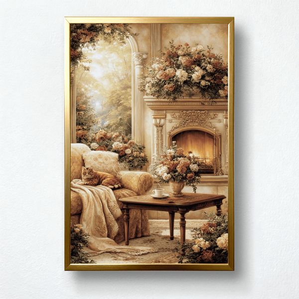 Golden Hearth Paint by Numbers  Vintage Roses, Cat & Fireplace Scene