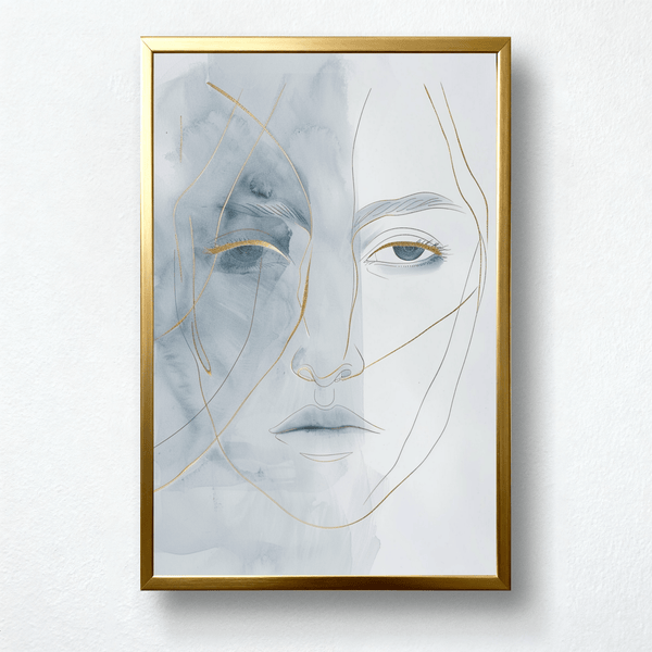 Inner Orbit – Abstract Line Face Art | Minimalist Blue & Gold Watercolor Portrait