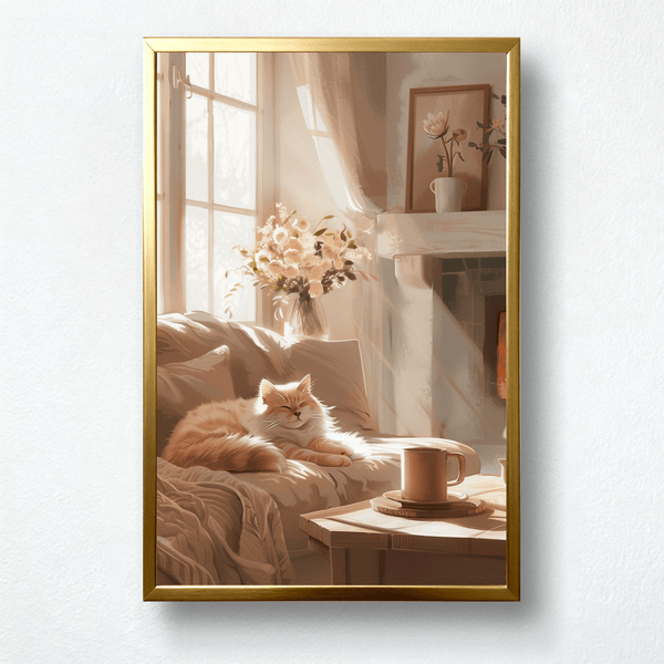Morning Glow Paint by Numbers  Cozy Cat, Fireplace & Sunlit Serenity Scene