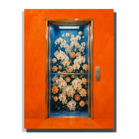 Flower-Filled Elevator Paint by Numbers For Adults featuring cascading white orchids, peach roses, green foliage, deep blue elevator interior and vivid orange walls