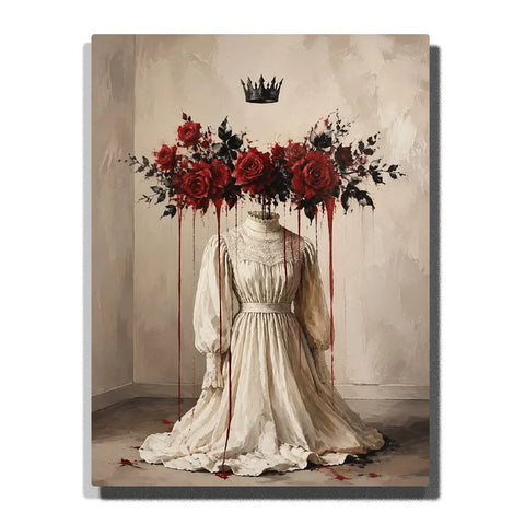Headless Gothic Bride Paint by Numbers For Adults featuring antique ivory wedding dress, blood red roses, black foliage, crimson drips and floating black crown