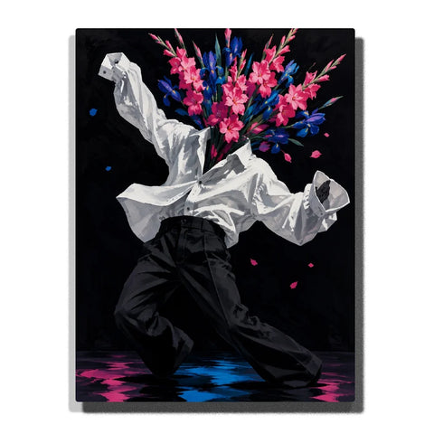 Dancing Floral Figure Paint by Numbers For Adults featuring white shirt, black trousers and vibrant pink blue flowers replacing the head against black background