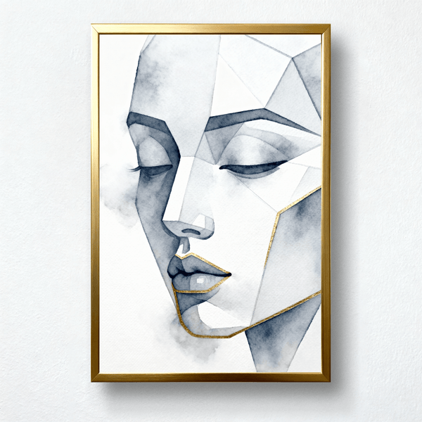 Silent Contour – Abstract Geometric Face Art | Blue & Gold Minimalist Watercolor Painting