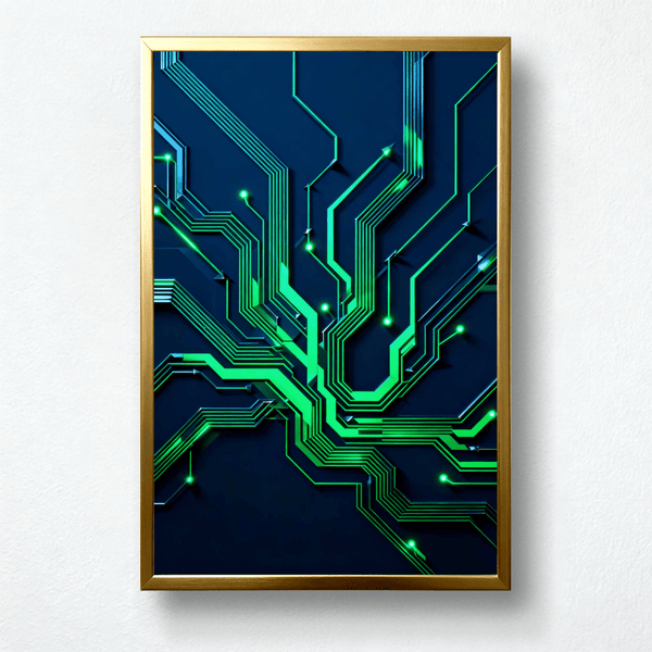 Neon Current Paint by Numbers | Futuristic Cyber Circuit Abstract Art in Emerald & Navy | Tech Luxe by PaintEasy